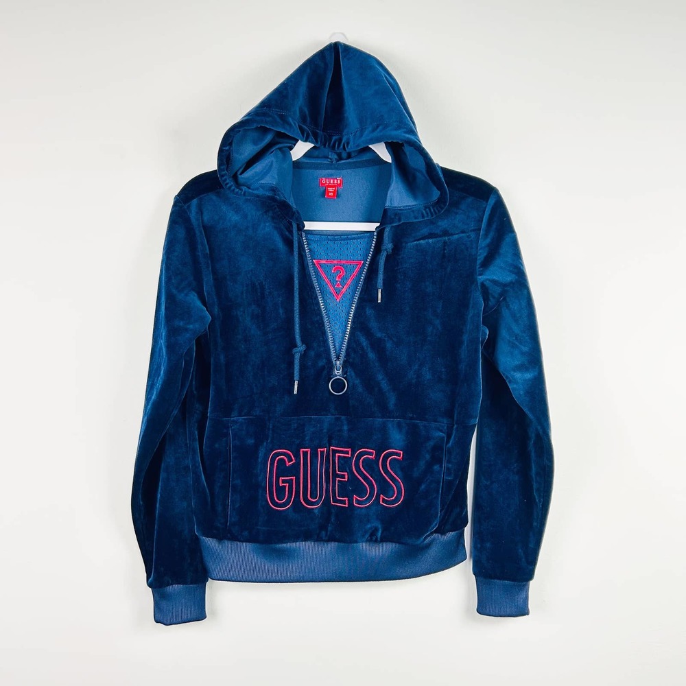 Guess Y2K Navy Blue Velvet Hoodie Sweatshirt Track Suit Top size XS